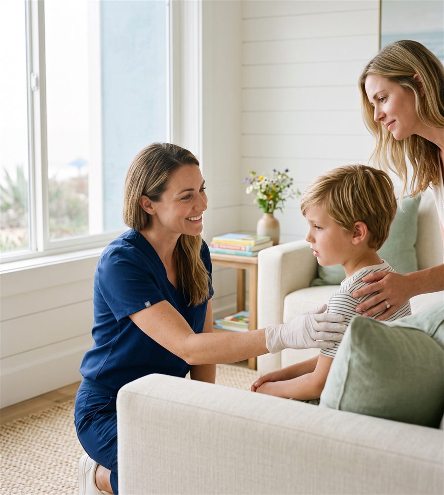 A friendly technician kneeling to reassure a young boy on the sofa while his parent looks on