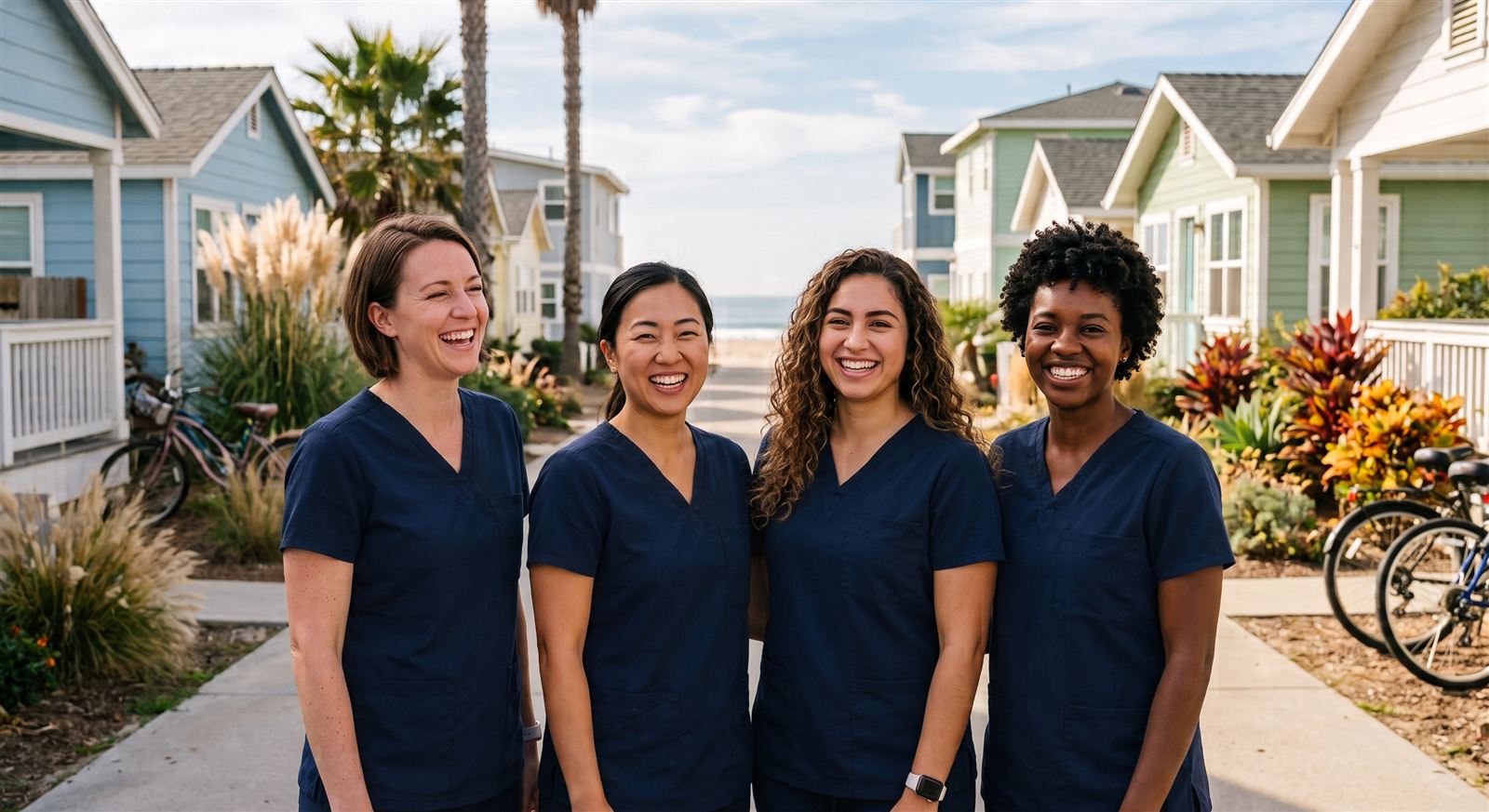 Four smiling people in navy scrubs standing on a sunny beach-town street