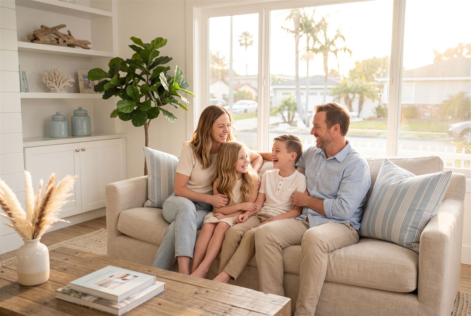 A happy, lice-free family laughing together on the living room sofa