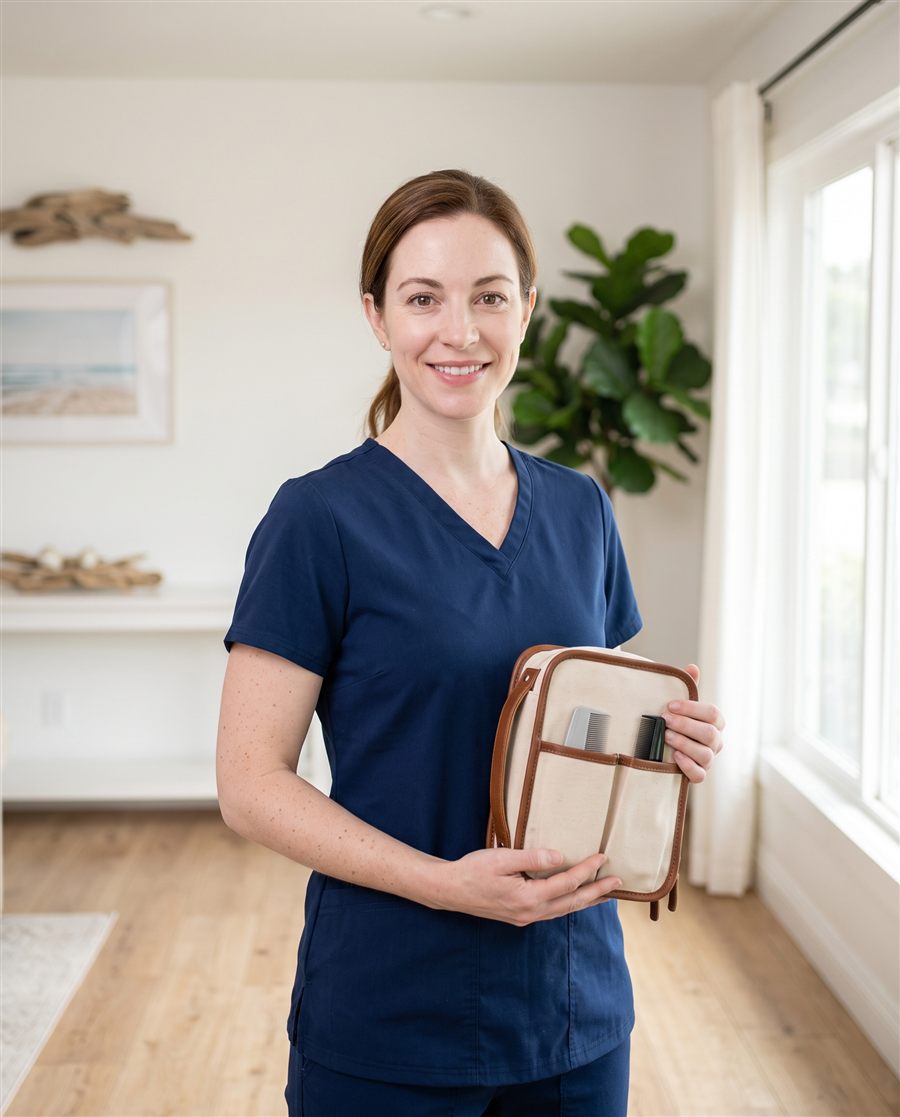 Friendly Manhattan Beach Lice Removal Services technician in navy scrubs holding a professional lice comb kit