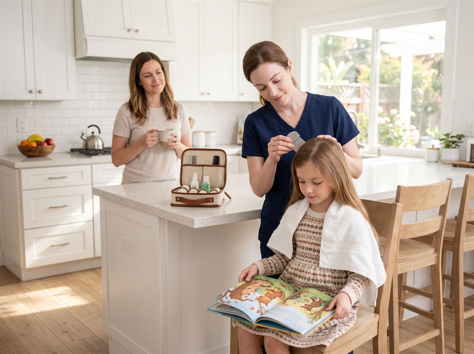 A technician gently combing a girl's hair at the kitchen counter while the child reads a storybook and her parent looks on, relieved