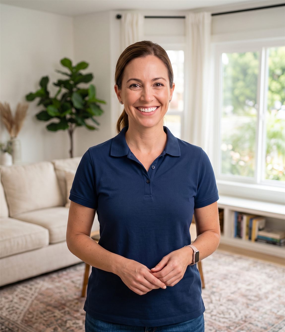 Friendly, professional Manhattan Beach Lice Removal Services technician smiling in a family living room